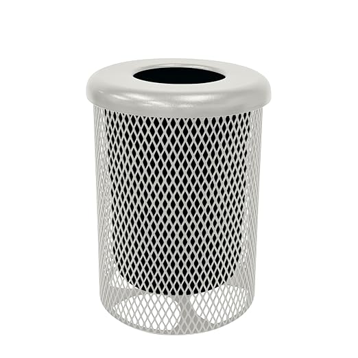 COATEDOUTDOORFURNITURE RFT-TXTGRY Heavy Duty Round Trash Receptacle with Flat Top, Liner Included, 32 Gallon, Textured Grey, Made in America