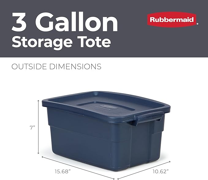 Rubbermaid Roughneck Tote 3 Gal, 6 Pack, Made in USA, Dark Indigo Metallic, Rugged Plastic Stackable Storage Bins with Lids and Handles