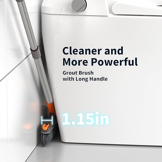 AIR U+ Grout Brush with Long Handle 180° Swivel Scrub Brush with Tweezers to Hair Clip V-Shape Grout Line Scrubber Stiff Bristles for Deep Cleaning Crevice, Tile Line, Shower, Kitchen, Corners