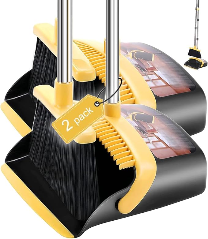 2-Pack is More economical，Upgraded Broom and Dustpan， with 52" Long Handle, Dustpan Teeth with self-Cleaning Function, Indoor and Outdoor Sweeping, Perfect for Home Office