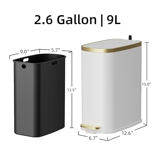 KUK Small Bathroom Trash Can with Lid Soft Close, Step Pedal, 2.4 Gal Stainless Steel Garbage Can with Removable Inner Bucket, Anti-Fingerprint Wastebasket for Office, Bedroom, Toilet (White)