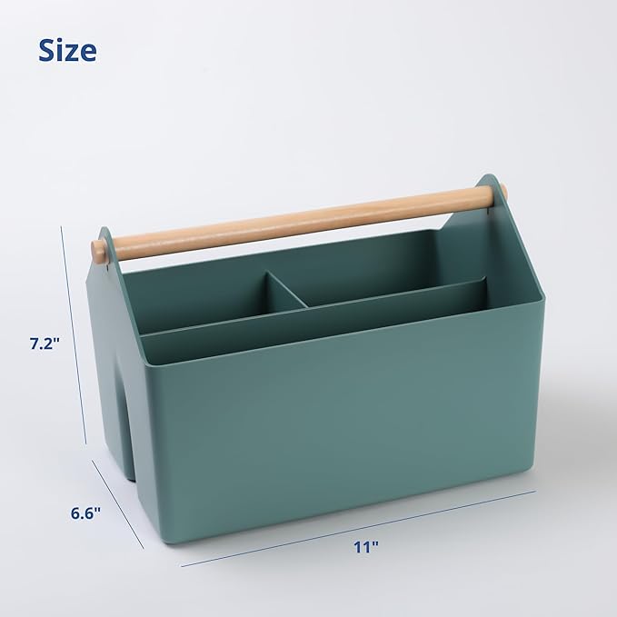 BLUE GINKGO Medium Storage Basket – Plastic Caddy with Wooden Handle for Office, Arts & Crafts, or Home Supplies (Green)