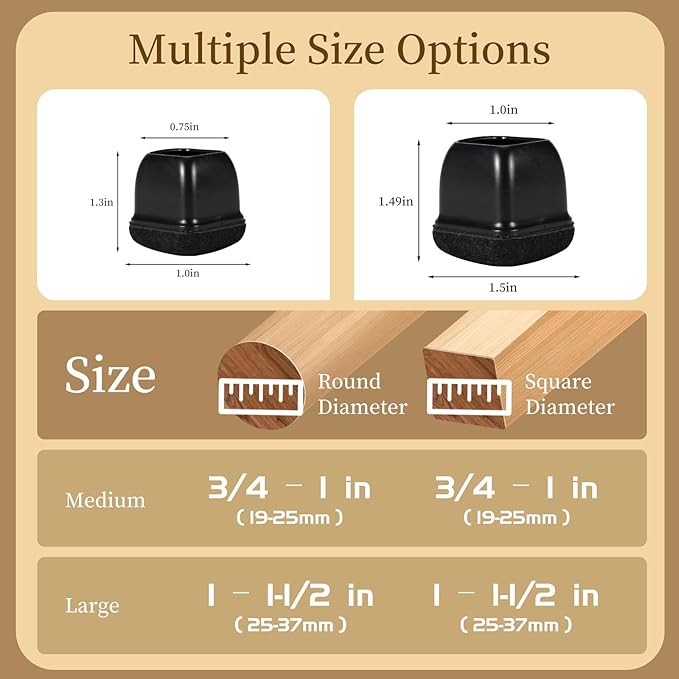 Square Chair Leg Floor Protectors Large 24Pcs,Silicone Chair Leg Protectors for Hardwood Floors/Tiles,Black 360°Wrapped Felt Bottom to Prevent Scratch and Reduce Noise
