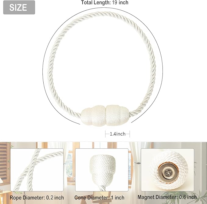 Magnetic Curtain Tiebacks Rope Tie Backs 2 Pack Curtains Holders for Drapes Decorative Window Holdbacks, White