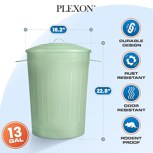 Plexon Round Trash Can 13 Gallon, Vintage Metal Outdoor Trash Can with Lid, Retro Farmhouse Garbage Container, Old School Modern Ash Bucket, Green 2 Pack