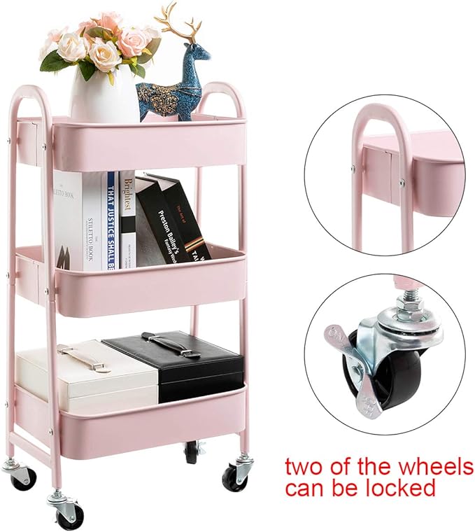 AGTEK Makeup Cart, Movable Rolling Organizer Cart, 3 Tier Metal Utility Cart Pink