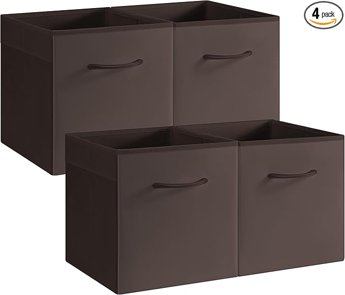 StorageWorks Brown Storage Cubes, 11 Inch Cube Storage Bins with Handle, Cube Storage Organizer Bins for Shelves and Closet, Collapsible Storage Bins, 4-Pack