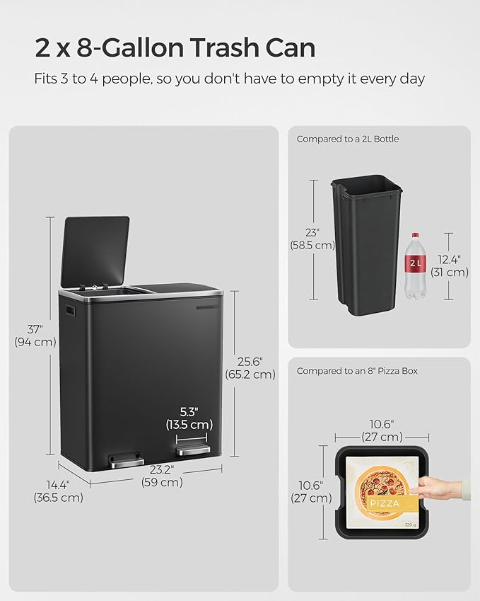 SONGMICS Trash Can, 2 x 8 Gallon (2 x 30 L) Garbage Can for Kitchen, with 15 Trash Bags, 2 Compartments, Plastic Inner Buckets and Hinged Lids, Airtight, Black ULTB60BK