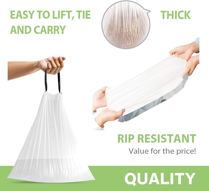 Teivio 3 Gallon 140 Counts Mini Strong Drawstring Trash Bags Garbage Bags, fit 10-12 Liter Small Trash Can,Tiny Waste Basket Liners for Home Office Bathroom Bedroom Car, White