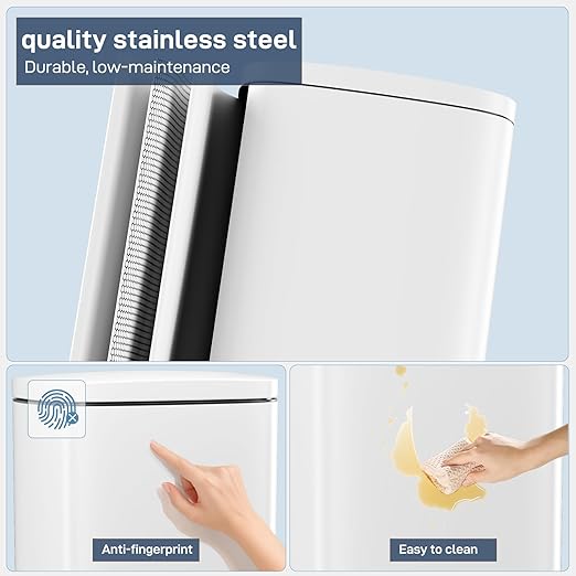 Arlopu 8 Gallon Step Trash Can, Stainless Steel Garbage Bin, Soft-Close Rubbish Bin with Removable Plastic Inner Bucket, Fingerprint-Proof, Lid Dustbin, Suit for Kitchen Home (White, 30L)