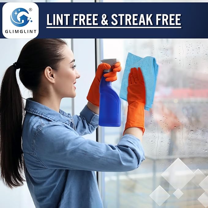 GLIMGLINT Blue Microfiber Cleaning Cloth, 12 Pack Cleaning Towels for Kitchen, Lint Free, Scratch-Free, Highly Absorbent, and Reusable Cleaning Rags for House, Window and Glass, Cars, 14"X12"