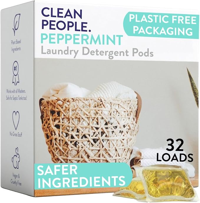 The Clean People Laundry Detergent Pods - Hypoallergenic Laundry Pods - Ultra Concentrated, Recyclable Packaging, Stain Fighting - Peppermint, 32 Pack
