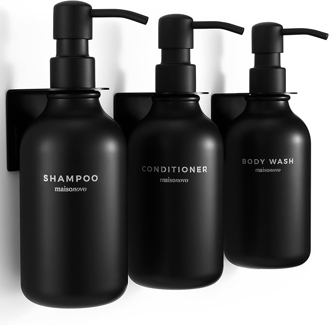 MaisoNovo Shampoo and Conditioner Dispenser - Shower Soap Dispenser Wall Mounted - 16.9 fl oz Set of 3 Black Plastic Bottles Black Pump - Shampoo Dispenser, Shower Dispenser