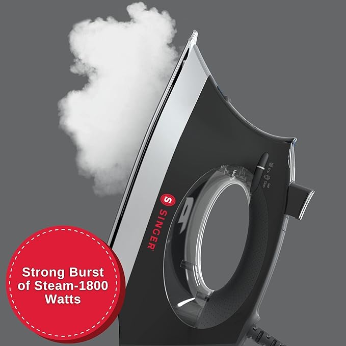 SINGER SteamCraft Plus 2.0 Steam Iron (1800W) | Steamer with Stainless Steel Plate, OnPoint Precision Tip, Vertical Steam, Auto Shutoff & 300ml Tank Capacity - Black