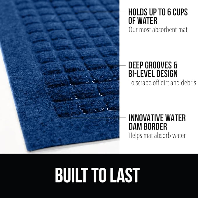 GORILLA GRIP Front Door Mat, 47x35, Indoor Outdoor Ultra Absorbent HydroAbsorb Doormat, Absorbs Up to 6 Cups of Water, Stain and Fade Resistant, Rubber Backing Doormats, Captures Dirt, Blue
