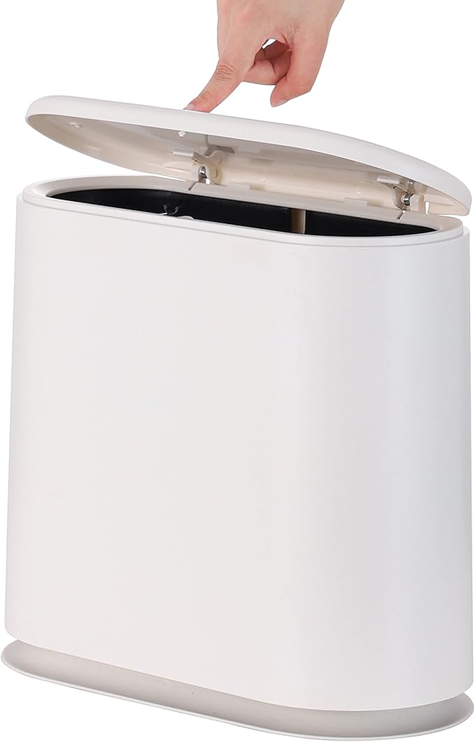 White Slim Bathroom Trash Can with Press Top Lid,12 Liter Small Thin Garbage Can,3.17 Gallon Narrow Dog Proof Plastic Waste Basket and Covered Wastebasket for Room,Bedroom,Kitchen,Toilet,Office,Dorm