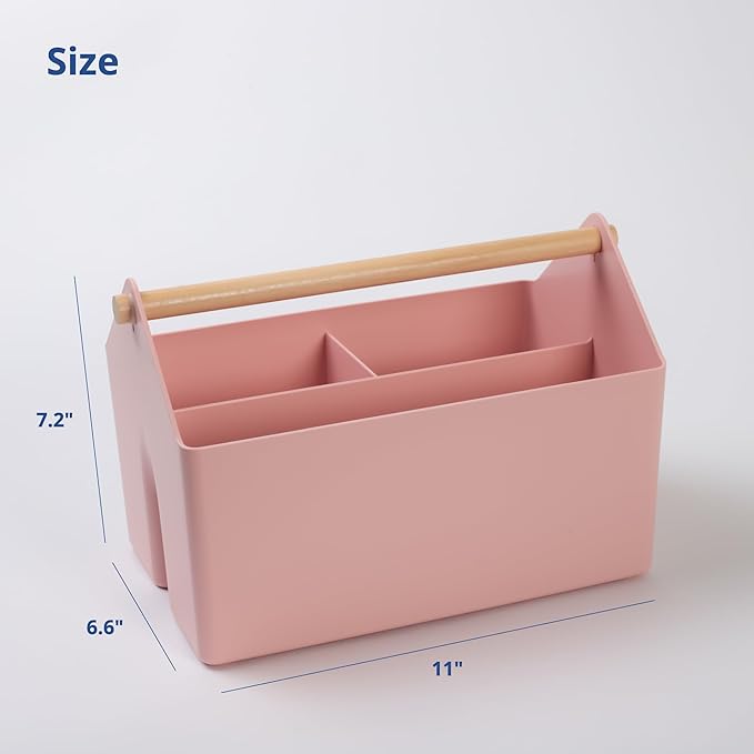 BLUE GINKGO Medium Storage Basket – Plastic Caddy with Wooden Handle for Office, Arts & Crafts, or Home Supplies (Pink)