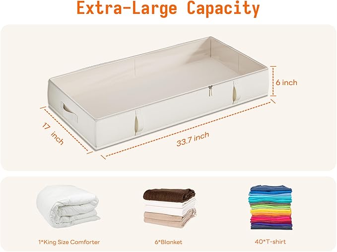 Vailando Under Bed Storage Containers, Underbed Storage Bins with 6 Inches Tall, Clothes Storage Box with Sturdy Handles and Sidewalls, Beige, 2-Pack