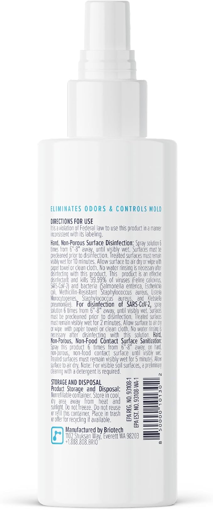 BRIOTECH Sanitizer Disinfectant Hypochlorous Spray, Kill 99.99% of Viruses & Bacteria, Control Mold, Eliminate Odor, Gentle for Nurseries, Food Contact Surface Sanitizer, 2 fl oz Travel Size