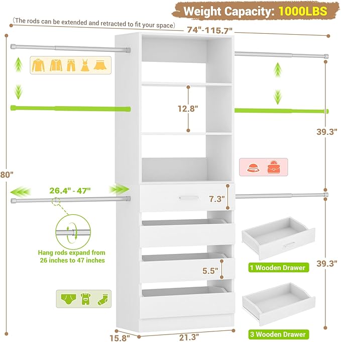 Aheaplus Closet System, 4-9Ft Closet Organizer with 4 Wooden Drawers, Wood Closet Organizer System with Tower, Walk-in Closet Organizer Wardrobe Clothes Rack with 4 Hanging Rods, Garment Rack, White