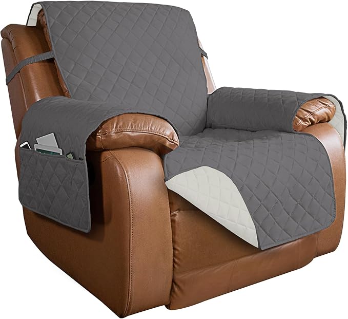 PureFit Reversible Quilted Sofa Cover, Water Resistant Slipcover Furniture Protector, Washable Couch Cover with Non Slip and Elastic Straps for Kids, Dogs, Pets (Oversized Recliner, Gray/Ivory)