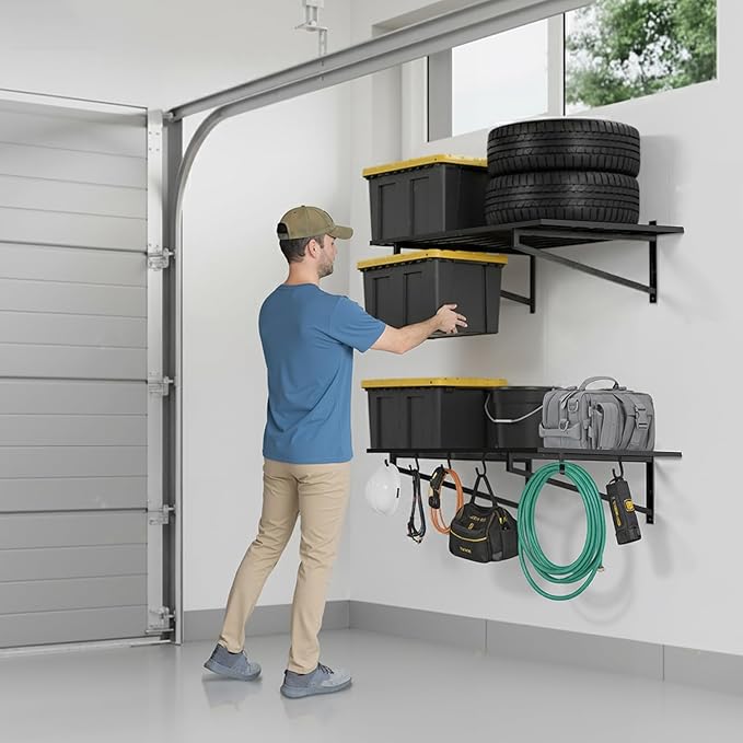 3-Pack Garage Wall Shelves, 2' x 4' Heavy Duty Wall Mounted Storage Rack with 9 Hooks, 750 lbs Capacity (250 lbs Each), Steel Garage Organization Shelving for Tools, Bins, and Power Equipment