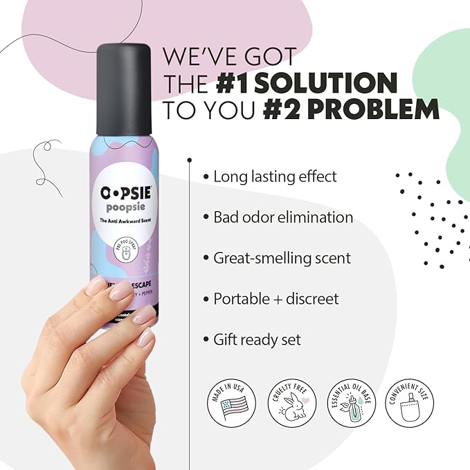 Oopsie Poopsie Toilet Spray - 4 Scents, Portable Original Odor Deodorizer Scents - Poop Spray for Toilet | Citrus, Lavender, Mint & Lemon Pre Poo Air Freshener Spray, 2oz Travel Size Bottles