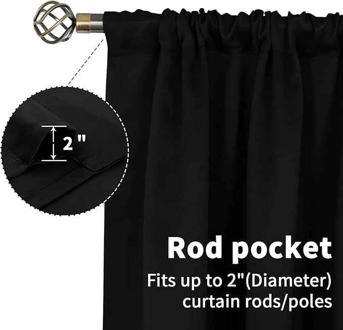 BGment Rod Pocket Blackout Curtains for Bedroom - Thermal Insulated Room Darkening Curtain for Living Room, 52 x 45 Inch, 2 Panels, Black