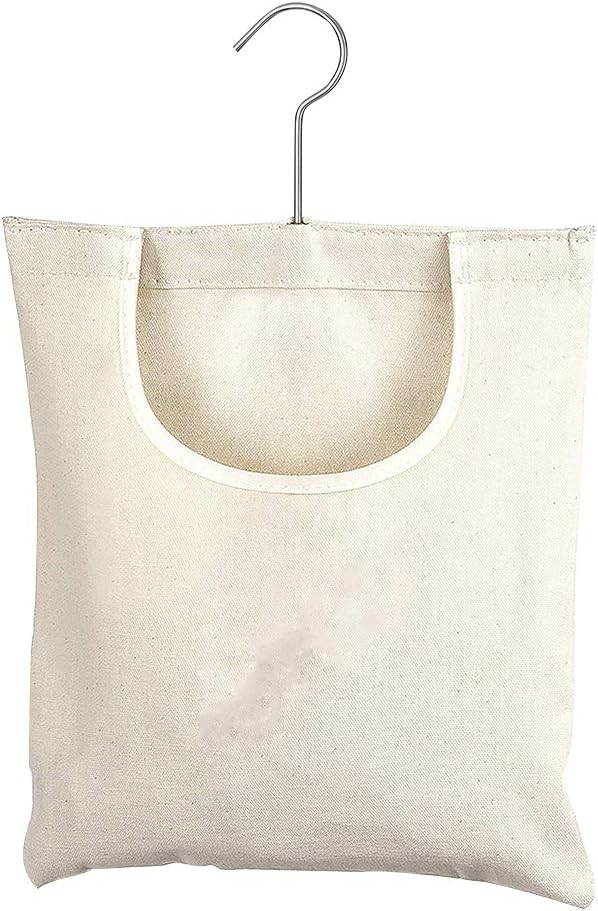 JIANWEI Canvas Clothespin Bag, Clothes Pins Bag Holder, Laundry Clothes Pin Storage Organizer with Hook, Portable Hanging Storage Organizer For Home Balcony Travel(Beige)