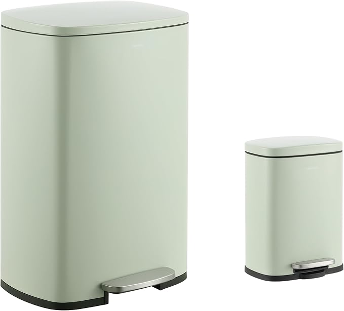 happimess HPM1006E Connor Rectangular 13-Gallon Trash Can with Soft-Close Lid and Free Mini Trash Can, Fingerprint Resistant, Modern, Minimalistic for Kitchen, Office, Bathroom, Pistachio Gelato