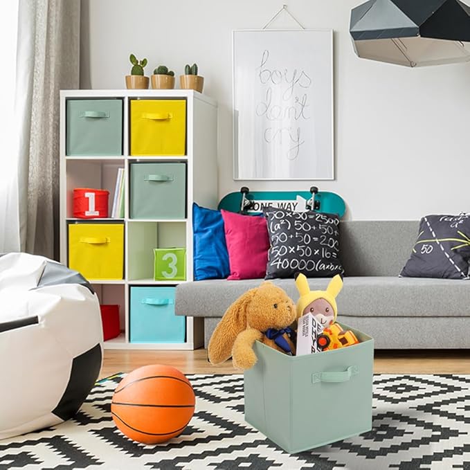 Stero Fabric Storage Bins 6 Pack Fun Colored Durable Storage Cubes with Handles Foldable Cube Baskets for Home, Kids Room, Closet and Toys Organization Cyan, Green, Yellow