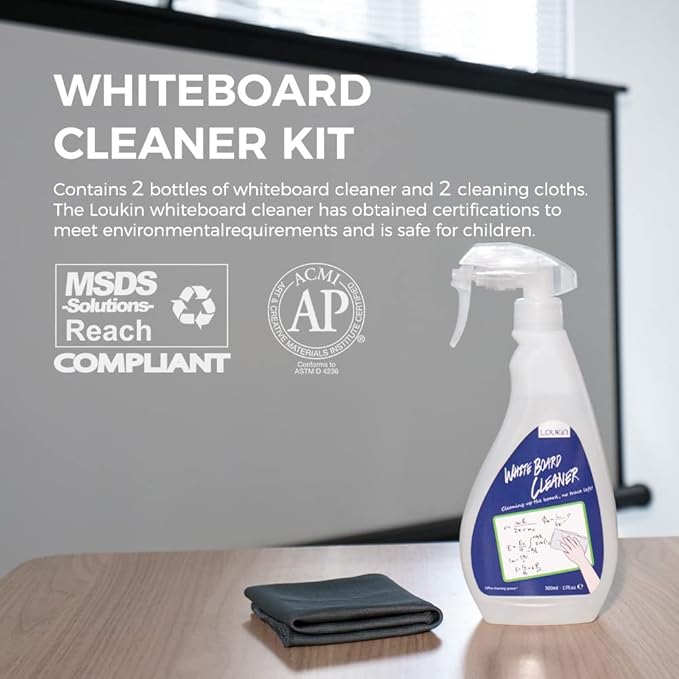 loukin Non-Toxic Whiteboard Cleaner, 17 fl oz Dry Erase Board Cleaner, Low-Odor Whiteboard Cleaning Spray with Cloths, Removes Stubborn Marks from Whiteboards, Chalkboard (2-Pack)