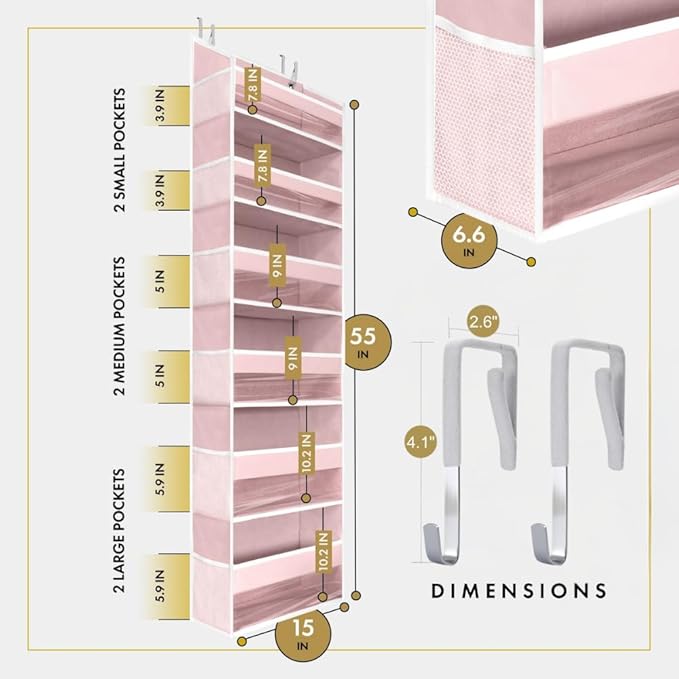 HOMELUX THEORY 2 PC Heavy Duty Over the Door Organizer 55x14x6.7, 6 Large Front & 12 Side Pockets, Hanging Storage Closet Door Organizer for Bedroom, Bathroom and Baby Nursery Storage (Baby Pink)