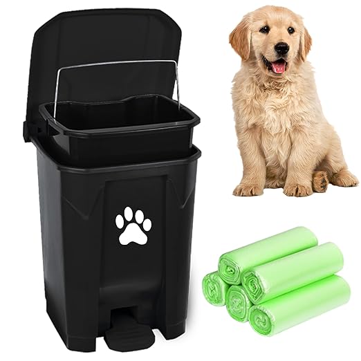 Outdoor Dog Poop Trash Can, Dog Waste Trash Can for Backyard Garden Home with Lid, Removable Inner Bin, Green Waste Bag, Black Fully Assembled