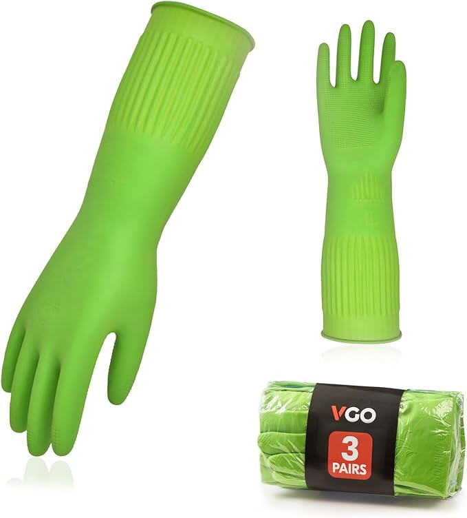 Vgo... 3-Pairs Dishwashing Gloves - Reusable Household, Kitchen, Long Sleeve, Thick Latex, Cleaning, Washing, Working, Painting, Gardening, Pet Care (Size M, Green, RB2143)