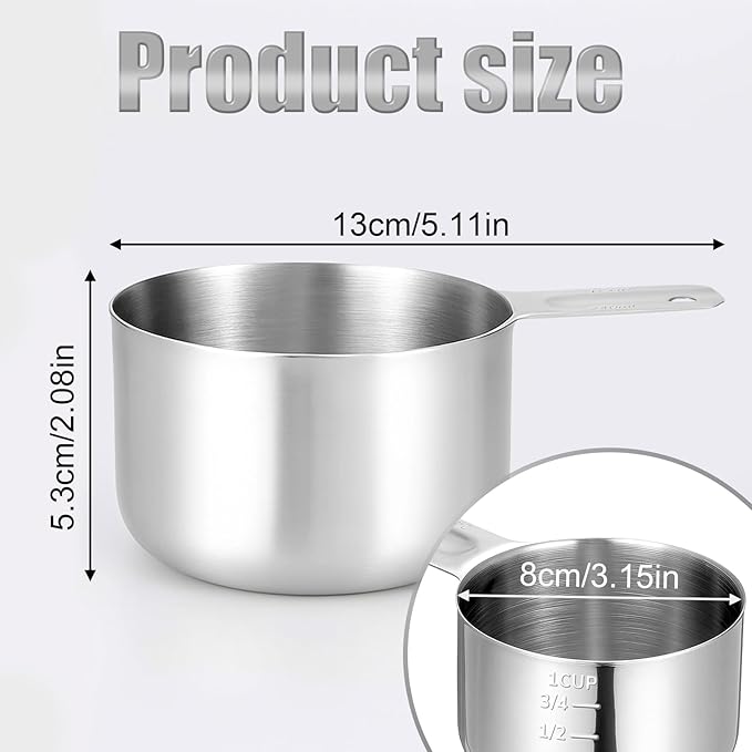 Stainless Steel Measuring Cup, 1 Cup Rice Measuring Cups (8 oz | 240 ml), Single Measure Cups, Kitchen Gadgets, Metal Measure Scoop for Cooking Baking, Laundry Detergent, Wet and Dry Ingredients