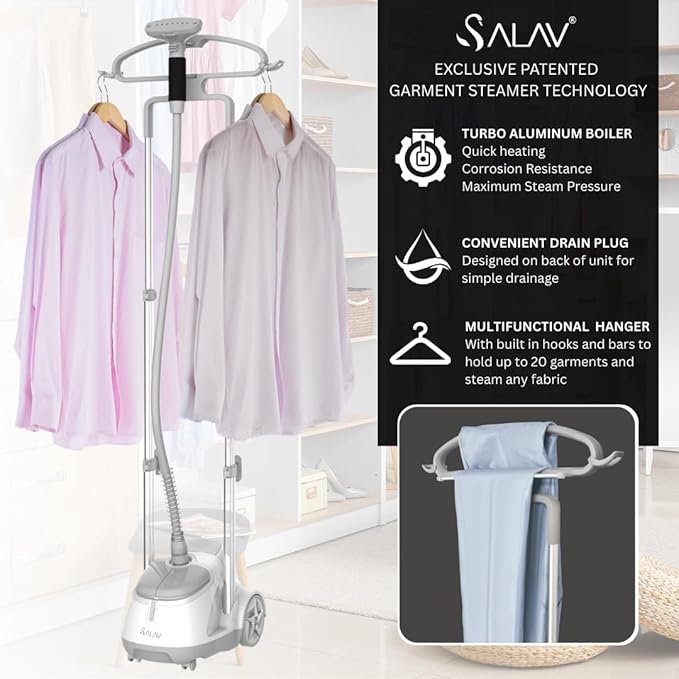 SALAV GS45-DJ Professional Upright Garment Steamer with Roll Wheels, Multi-Function Extra Wide Hanger, Fabric Brush & Mini Ironing Paddle, 1500 watts, Silver