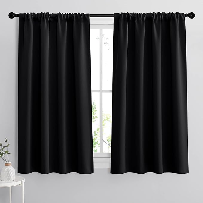 RYB HOME Black Curtain Panels for Nursery Soft Solid Energy Saving Drapes Window Treatments Insulated Panels Sunlights Block Privacy Protect for Bedroom Kitchen, 42 in x 54 in, Black, 2 Pcs