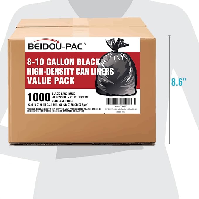8-10 Gallon Trash Bags, 1000 Count Bulk Value Pack, Black Garbage bags, Multi-purpose Trash Can Bin Liners for Bathroom, Office, Industrial, Commercial, Janitorial, Municipal, Recycling