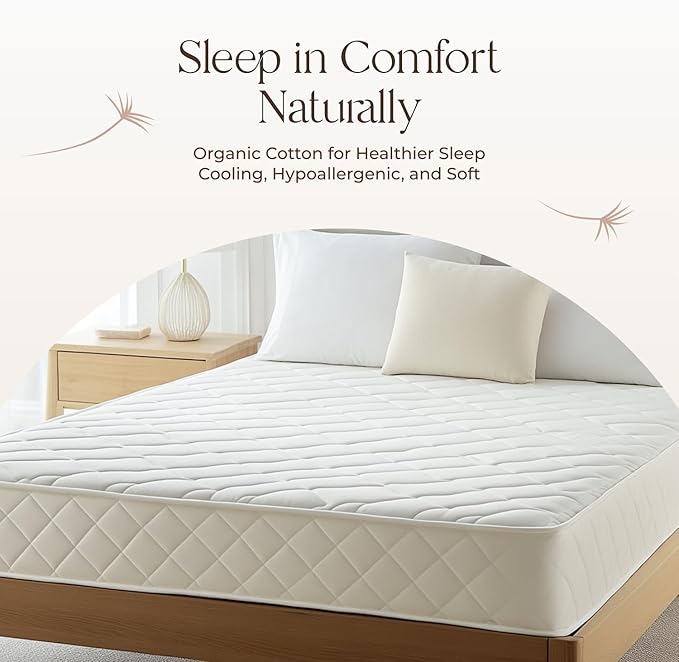 100% Cotton Organic Mattress Pad - Breathable & Cooling Mattress Protector Queen Size - Premium 300GSM Quilted and Noiseless Machine Washable Organic Mattress Protector (White, Queen)