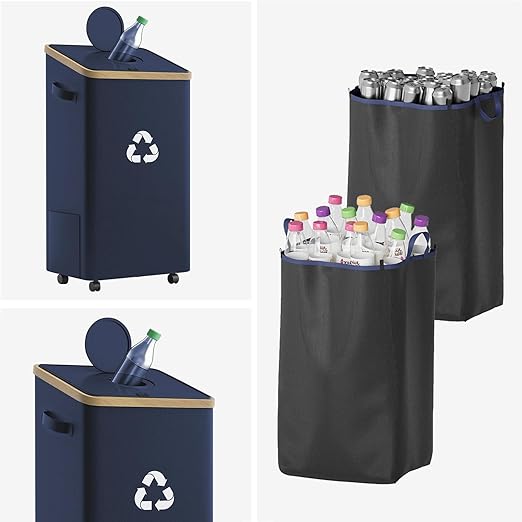 26 Gallon Recycling Bin for Kitchen, 100L Recycle Bin with Lid, Recycle Bins for Kitchen with 4 Wheels(Lockable),2 Reusable Inner Bags, for Bottle Can Glass Plastic Stickers, Dark Blue