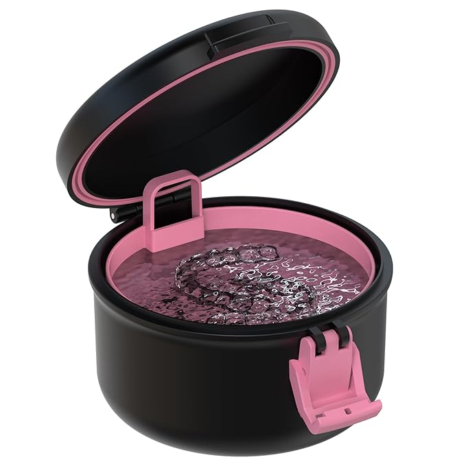 BVN Leak-Proof Denture Bath Cup for Travel, Denture Cup for Soak Dentures, Retainer Cleaning Case with Strainer (Black + Pink)
