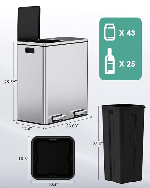 AthLike 60L(16 Gal) Dual Trash Can, Stainless Steel Kitchen Garbage Can, Double Compartment Classified Rubbish Bin, Recycle Dustbin w/Plastic Inner Buckets, Soft-Close Lid, Airtight, Silver