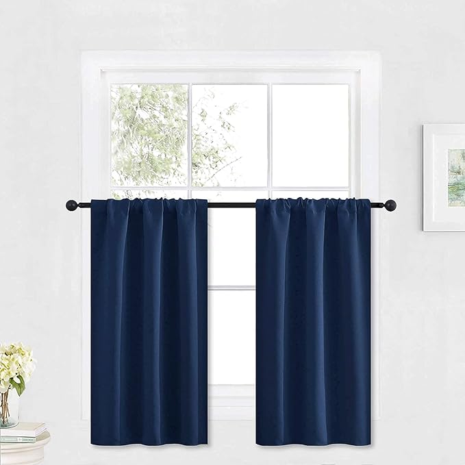 RYB HOME Blackout Curtains Small Window Decor Light Block Thermal Insulated Drapes for Bedroom Bathroom Kitchen Cabinet, W 29 x L 36 inch, Navy Blue, 2 Panels