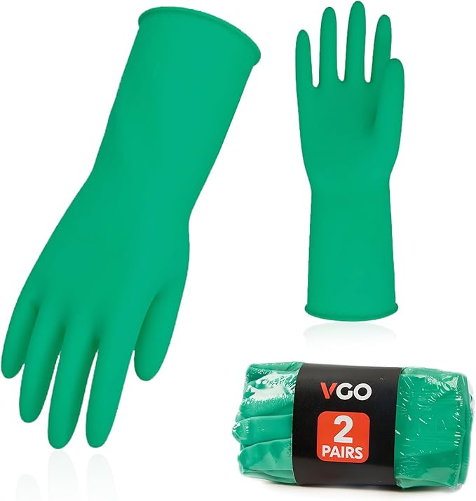 Vgo... 2-Pairs Reusable Household Gloves, Rubber Dishwashing gloves, Extra Thickness, Long Sleeves, Kitchen Cleaning, Working, Painting, Gardening, Pet Care (Size M, Green, HH4601)