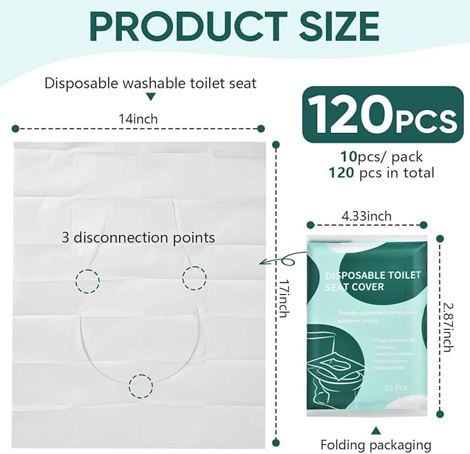 120 Pcs Disposable Flushable Paper Toilet Seat Covers Travel Supplies Essentials for Airplane, Public Restrooms, Bathroom, Hotels, Camping, Kids or Adults