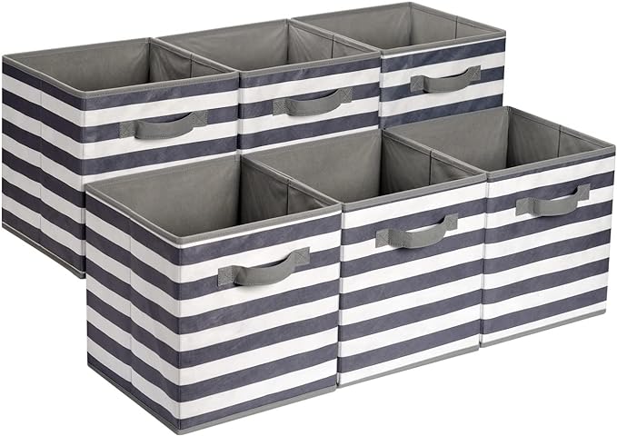 Amazon Basics Cube Organizer Storage Bins Handles, Collapsible Fabric, Pack of 6, 13"x13"x13", White/ Light Grey Stripe