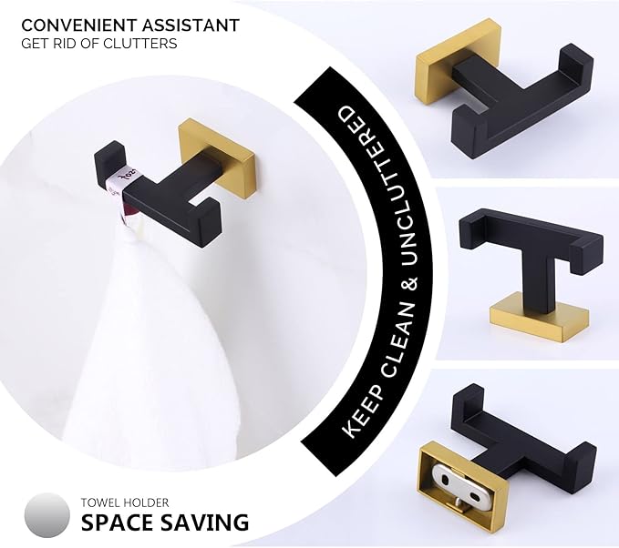 Angle Simple Towel Hook Black & Gold 2 PCS, Stainless Steel Double Hook for Bathroom, Square Robe Hook, Hand Towel Holder for Wall