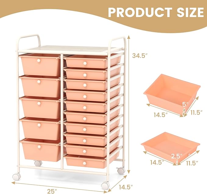 GOFLAME 15-Drawer Rolling Storage Cart, Multipurpose Movable Organizer Cart, Utility Cart for Home, Office, School, Peach Fuzz, 53825HW-GL