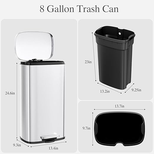 AthLike Trash Can, Stainless Steel Kitchen Garbage Can, Step Waste Bin with Hinged Lid and Removable Inner Bucket, Soft-Close, Dustbin for Bathroom Bedroom Living Room Home (Silver, 8 Gal)
